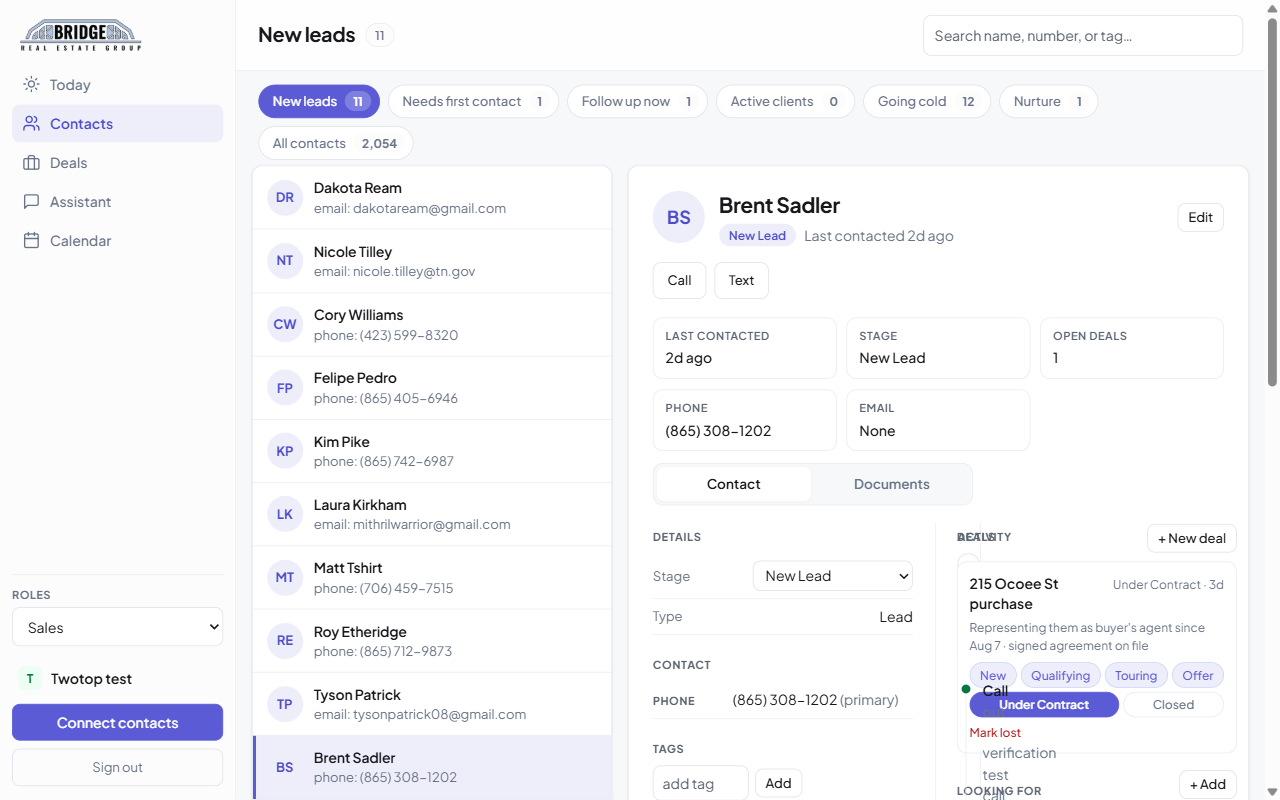 One client's record: calls, texts, stage, deals, and documents on one screen