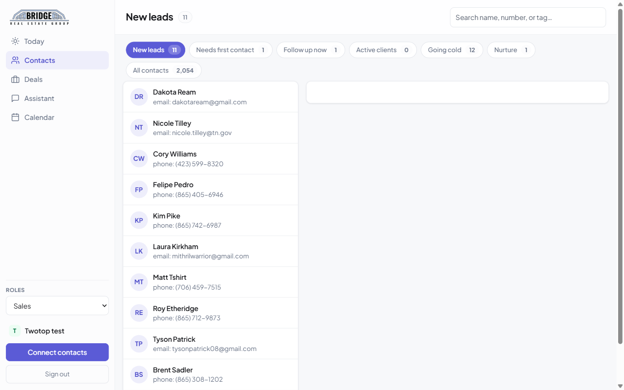 Contacts sorted into lists: new leads, follow up now, going cold