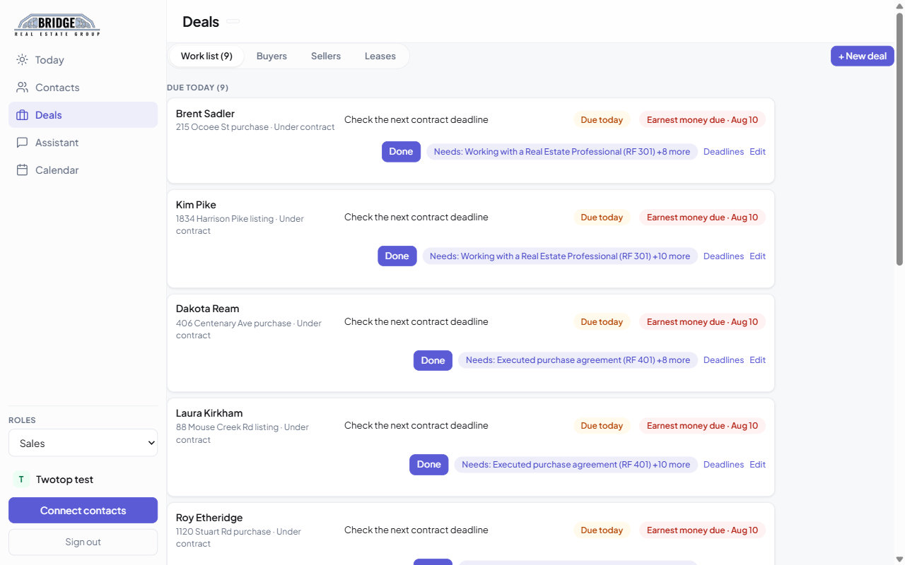 The deals work list: every deal with its deadline, needed documents, and a Done button